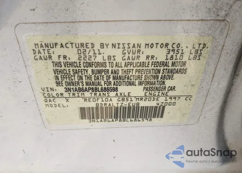 2011 Nissan Sentra 2.0S z USA, uszkodzony, nr VIN 3N1AB6AP8BL686598